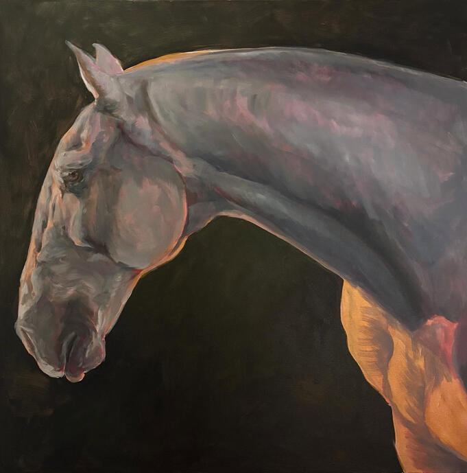 “Cadence” Acrylic and gold leaf on canvas, 36 x 36 in A quiet moment, full of power. This portrait captures the poised elegance of a horse at rest, its form sculpted by shadow and light. Gold leaf accents reflect the quiet rhythm of breath and motion, a tr
