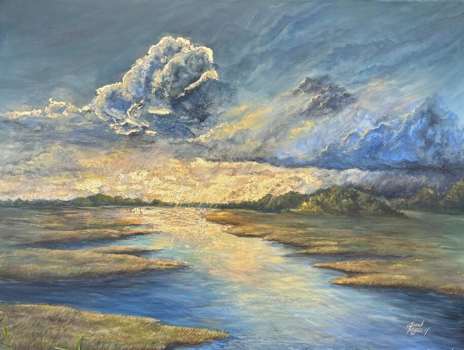 “Sun’s Shower” Acrylic and gold leaf on canvas, diptych (2 panels, 12 x 24 in each) Golden light pierces storm-churned skies, scattering across the marsh in a radiant downpour. Accents of gold leaf shimmer like divine rainfall